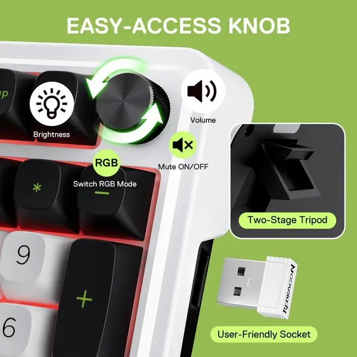 Redragon K686 PRO 98 Keys Wireless Gasket RGB Gaming Keyboard, 3-Mode PBT Mechanical Keyboard w/Hot-Swap Socket, Dedicated Knob Control & 5-Layer Noise Dampening, Custom Linear Switch - 5