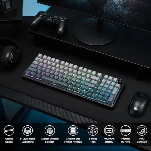 Redragon K686 PRO 98 Keys Wireless Gasket RGB Gaming Keyboard, 3-Mode PBT Mechanical Keyboard w/Hot-Swap South-Facing RGB Socket, Dedicated Knob Control & 5-Layer Noise Dampening, Gradient PBT Keycaps - 2