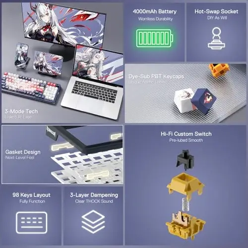 Redragon K686 PRO SE 98 Keys Wireless Gasket RGB Gaming Keyboard, 3-Mode Anime Mechanical Keyboard w/Hot-Swap Socket, Dedicated Knob Control & 5-Layer Noise Dampening, Custom Hi-Fi Linear Switch - 2