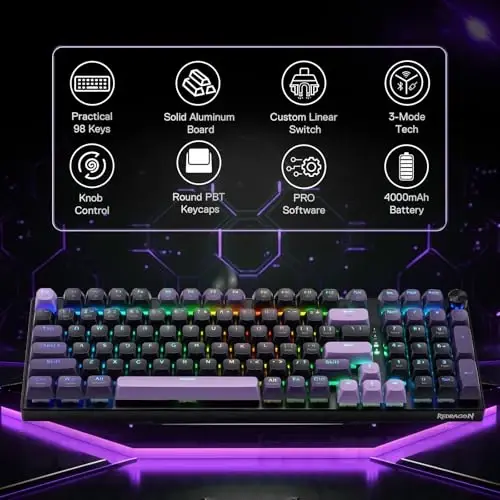 Redragon K740 PRO 98 Keys Wireless RGB Gaming Keyboard, 3-Mode PBT Mechanical Keyboard w/Solid Aluminum Base, Dedicated Knob Control & Hot-Swap Socket, Custom Linear Switch - 2