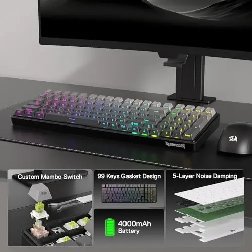 Redragon K744 GB PRO 99 Keys Wireless Gasket RGB Gaming Keyboard, 3-Mode Mechanical Keyboard w/Hot-Swap Socket, Gradient PBT Keycaps & 5-Layer Noise Dampening, Custom Linear Switch - REDRAGON (1)