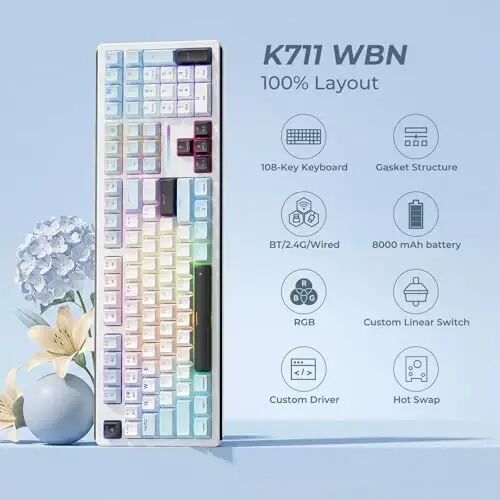Redragon K771 Wireless Mechanical Keyboard, 108-Key Gaming Keyboard with 4 Extra Hotkeys, 5-Layer Noise Dampening, Pre-lubed Linear Switches, Hot-swap Custom RGB Keyboard for PC/Mac - Blue&White - Redragon (1)