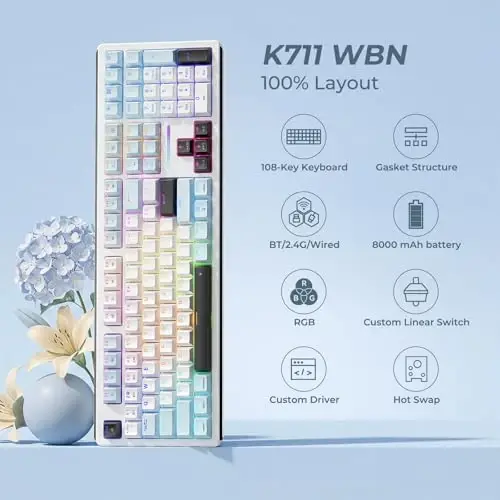 Redragon K771 Wireless Mechanical Keyboard, 108-Key Gaming Keyboard with 4 Extra Hotkeys, 5-Layer Noise Dampening, Pre-lubed Linear Switches, Hot-swap Custom RGB Keyboard for PC/Mac - Blue&White - 2
