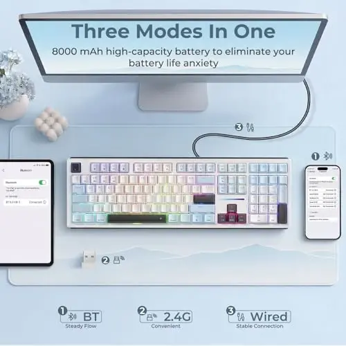 Redragon K771 Wireless Mechanical Keyboard, 108-Key Gaming Keyboard with 4 Extra Hotkeys, 5-Layer Noise Dampening, Pre-lubed Linear Switches, Hot-swap Custom RGB Keyboard for PC/Mac - Blue&White - 3