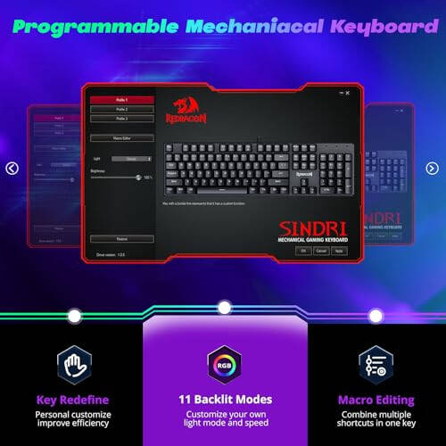 Redragon Mechanical Gaming Keyboard, Wired Mechanical Keyboard with 11 Programmable Backlit Modes, Hot-Swappable Red Switch, Anti-Ghosting, Double-Shot PBT Keycaps, Light Up Keyboard for PC Mac - 4