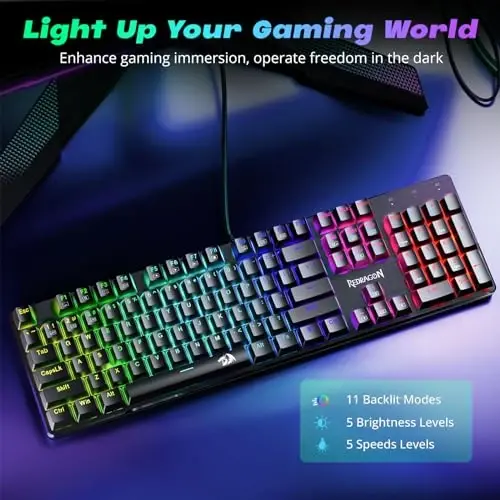 Redragon Mechanical Gaming Keyboard Wired, 11 Programmable Backlit Modes, Hot-Swappable Red Switch, Anti-Ghosting, Double-Shot PBT Keycaps, Light Up Keyboard for PC Mac - REDRAGON (1)