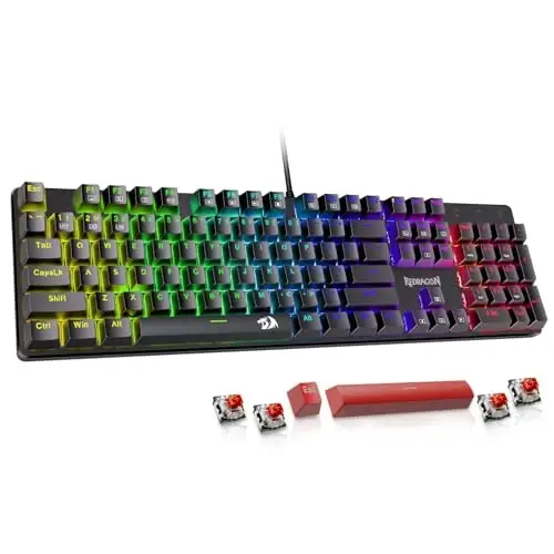 Redragon Mexanik O'yin Klaviaturasi, Simli Mexanik Klaviatura 11 Dasturlashtirilgan Orqa Yoritilgan Rejimlar, Issiq almashtiriladigan Qizil Kalit, Anti-Ghosting, Ikki Qavatli PBT Kalitlar, PC Mac uchun Yoritish Klaviaturasi - REDRAGON