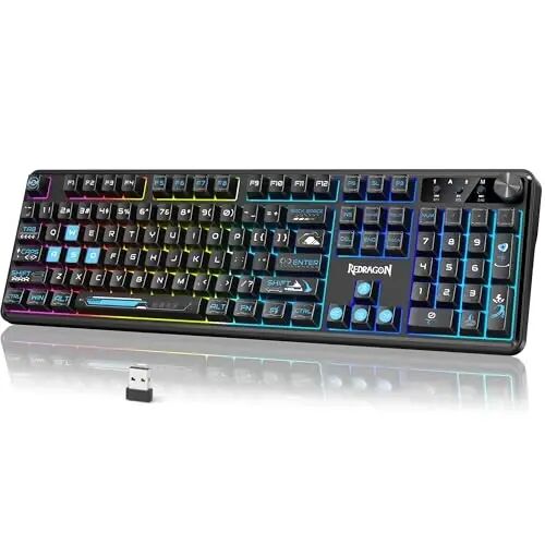 Redragon RM104 Wireless Gaming Keyboard with Knob, Tri-Mode BT/2.4G/USB-C RGB Computer Keyboards, 4000mAh Battery, Programmable Software Support, Anti-Ghosting, Compatible with PC Mac - Black & Blue - 1
