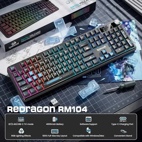 Redragon RM104 Wireless Gaming Keyboard with Knob, Tri-Mode BT/2.4G/USB-C RGB Computer Keyboards, 4000mAh Battery, Programmable Software Support, Anti-Ghosting, Compatible with PC Mac - Black & Blue - 2