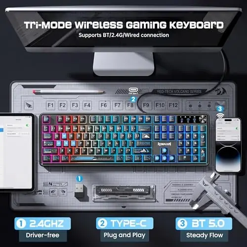 Redragon RM104 Wireless Gaming Keyboard with Knob, Tri-Mode BT/2.4G/USB-C RGB Computer Keyboards, 4000mAh Battery, Programmable Software Support, Anti-Ghosting, Compatible with PC Mac - Black & Blue - 3