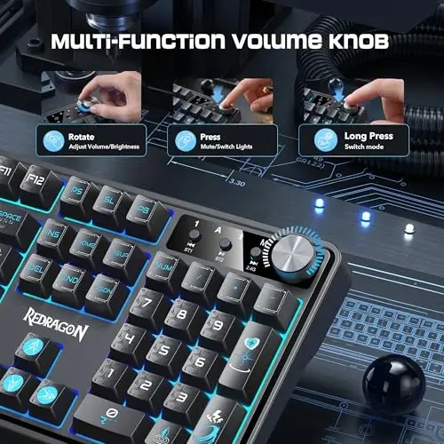 Redragon RM104 Wireless Gaming Keyboard with Knob, Tri-Mode BT/2.4G/USB-C RGB Computer Keyboards, 4000mAh Battery, Programmable Software Support, Anti-Ghosting, Compatible with PC Mac - Black & Blue - 4