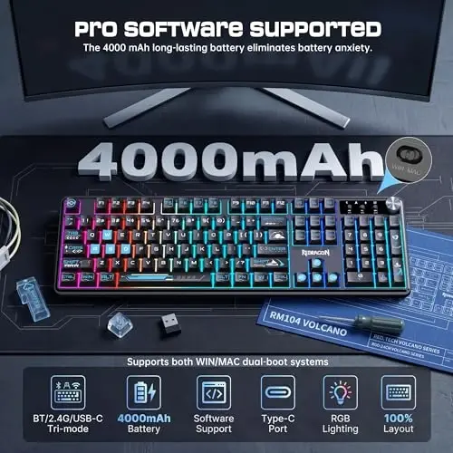 Redragon RM104 Wireless Gaming Keyboard with Knob, Tri-Mode BT/2.4G/USB-C RGB Computer Keyboards, 4000mAh Battery, Programmable Software Support, Anti-Ghosting, Compatible with PC Mac - Black & Blue - 6