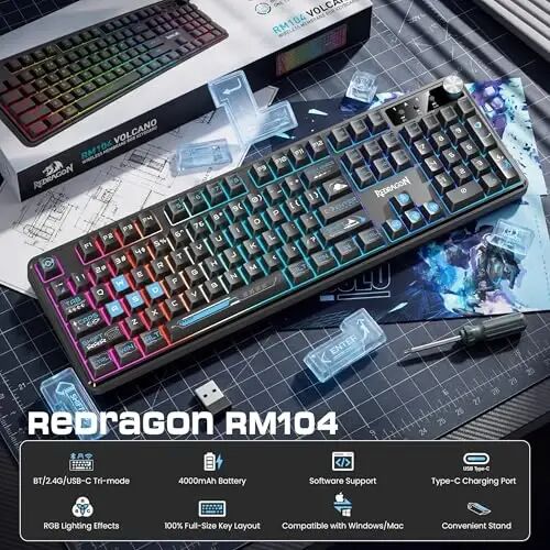 Redragon RM104 Wireless Gaming Keyboard with Knob, Tri-Mode BT/2.4G/USB-C RGB Computer Keyboards, 4000mAh Battery, Programmable Software Support, Anti-Ghosting, Compatible with PC Mac - Black & Blue - Redragon (1)
