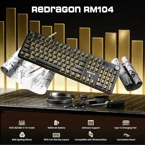 Redragon RM104 Wireless Gaming Keyboard with Knob, Tri-Mode BT/2.4G/USB-C RGB Computer Keyboards, 4000mAh Battery, Programmable Software Support, Anti-Ghosting, Compatible with PC Mac - Redragon (1)