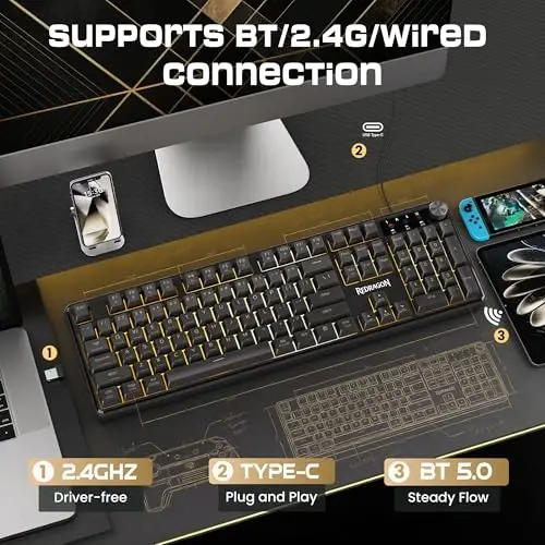 Redragon RM104 Wireless Gaming Keyboard with Knob, Tri-Mode BT/2.4G/USB-C RGB Computer Keyboards, 4000mAh Battery, Programmable Software Support, Anti-Ghosting, Compatible with PC Mac - 3