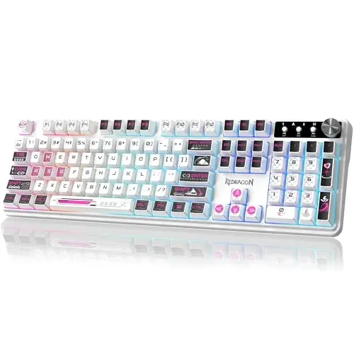 Redragon RM104 Wireless Gaming Keyboard with Knob, Tri-Mode BT/2.4G/USB-C RGB Computer Keyboards, 4000mAh Battery, Programmable Software Support, Anti-Ghosting, Compatible with PC Mac - Pink & White - 1