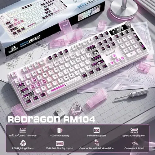 Redragon RM104 Wireless Gaming Keyboard with Knob, Tri-Mode BT/2.4G/USB-C RGB Computer Keyboards, 4000mAh Battery, Programmable Software Support, Anti-Ghosting, Compatible with PC Mac - Pink & White - 2