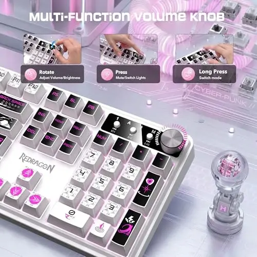 Redragon RM104 Wireless Gaming Keyboard with Knob, Tri-Mode BT/2.4G/USB-C RGB Computer Keyboards, 4000mAh Battery, Programmable Software Support, Anti-Ghosting, Compatible with PC Mac - Pink & White - 3