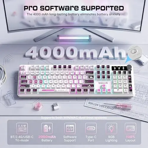 Redragon RM104 Wireless Gaming Keyboard with Knob, Tri-Mode BT/2.4G/USB-C RGB Computer Keyboards, 4000mAh Battery, Programmable Software Support, Anti-Ghosting, Compatible with PC Mac - Pink & White - 5