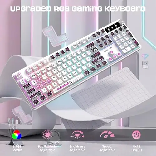 Redragon RM104 Wireless Gaming Keyboard with Knob, Tri-Mode BT/2.4G/USB-C RGB Computer Keyboards, 4000mAh Battery, Programmable Software Support, Anti-Ghosting, Compatible with PC Mac - Pink & White - 6