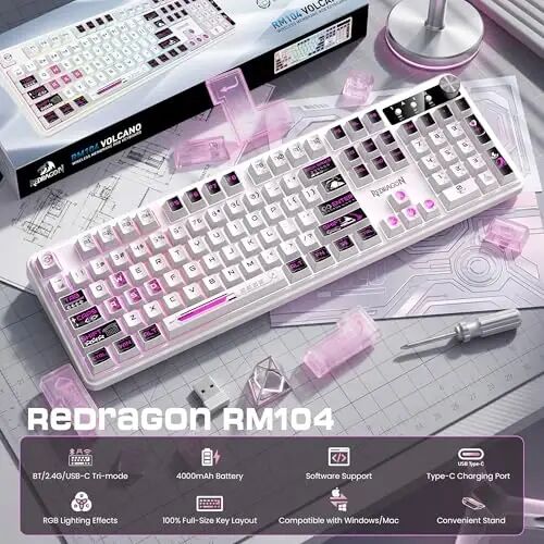 Redragon RM104 Wireless Gaming Keyboard with Knob, Tri-Mode BT/2.4G/USB-C RGB Computer Keyboards, 4000mAh Battery, Programmable Software Support, Anti-Ghosting, Compatible with PC Mac - Pink & White - Redragon (1)