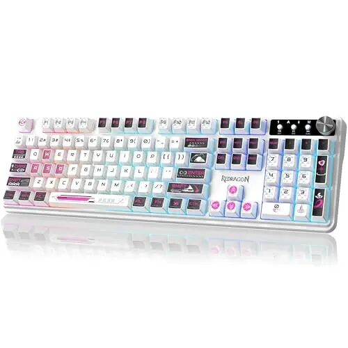 Redragon RM104 Wireless Gaming Keyboard with Knob, Tri-Mode BT/2.4G/USB-C RGB Computer Keyboards, 4000mAh Battery, Programmable Software Support, Anti-Ghosting, Compatible with PC Mac - Pink & White - Redragon