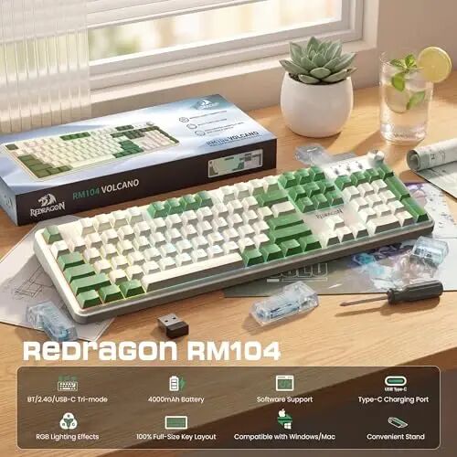 Redragon RM104 Wireless Gaming Keyboard with Knob, Tri-Mode BT/2.4G/USB-C RGB Computer Keyboards, 4000mAh Battery, Programmable Software Support, Anti-Ghosting, Compatible with PC Mac - White & Green - Redragon (1)