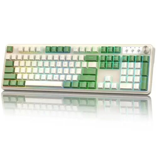 Redragon RM104 Wireless Gaming Keyboard with Knob, Tri-Mode BT/2.4G/USB-C RGB Computer Keyboards, 4000mAh Battery, Programmable Software Support, Anti-Ghosting, Compatible with PC Mac - White & Green - 1