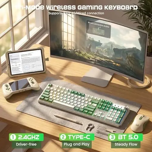 Redragon RM104 Wireless Gaming Keyboard with Knob, Tri-Mode BT/2.4G/USB-C RGB Computer Keyboards, 4000mAh Battery, Programmable Software Support, Anti-Ghosting, Compatible with PC Mac - White & Green - 3