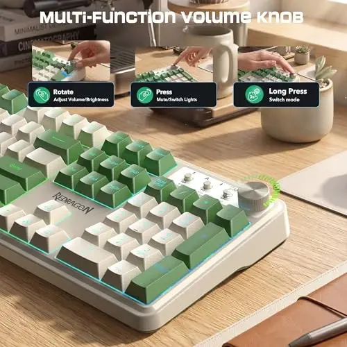 Redragon RM104 Wireless Gaming Keyboard with Knob, Tri-Mode BT/2.4G/USB-C RGB Computer Keyboards, 4000mAh Battery, Programmable Software Support, Anti-Ghosting, Compatible with PC Mac - White & Green - 4