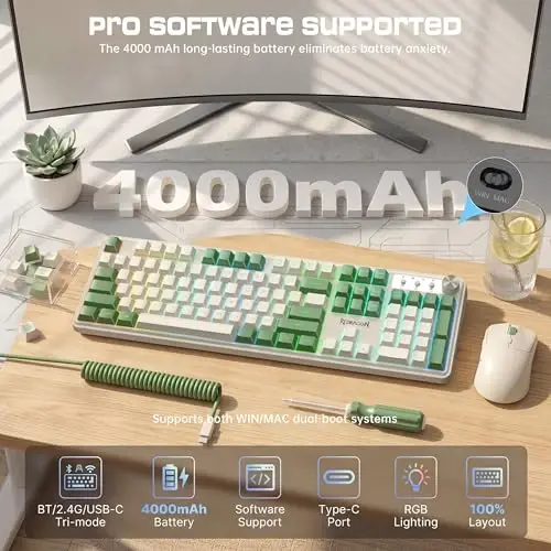 Redragon RM104 Wireless Gaming Keyboard with Knob, Tri-Mode BT/2.4G/USB-C RGB Computer Keyboards, 4000mAh Battery, Programmable Software Support, Anti-Ghosting, Compatible with PC Mac - White & Green - 6