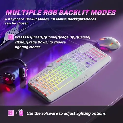 Redragon S101 Wired RGB Backlit Gaming Keyboard with Multimedia Keys Wrist Rest and Red Backlit Mouse Combo 3200 DPI for Windows PC Gamers (White) - 3