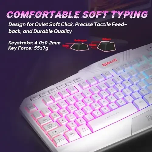 Redragon S101 Wired RGB Backlit Gaming Keyboard with Multimedia Keys Wrist Rest and Red Backlit Mouse Combo 3200 DPI for Windows PC Gamers (White) - 6