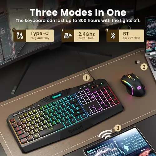 Redragon S101M-KS Gaming Keyboard and Mouse Wireless with Tri-Mode, RGB Keyboard and 4800 DPI Gaming Mouse, 10 Independent Multimedia Keys for Wins, PC, Computer, Wireless S101 Ideal for Gamer - 2
