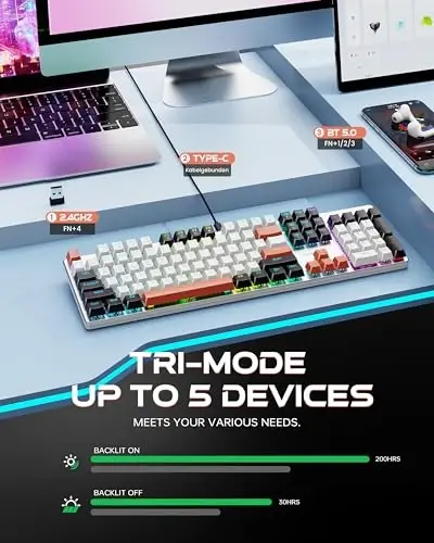 Redragon Wireless Mechanical Gaming Keyboard, Tri Mode BT/2.4G/USB-C Hot Swappable Custom Keyboard, RGB Backlit Computer Gaming Keyboards, PBT Keycaps, Programmable for PC/Tablet,K671WBR-KS - 2