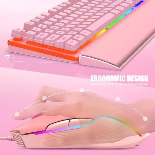 RedThunder K10 Wired Gaming Keyboard and Mouse and Wrist Rest Combo, RGB Backlit, Mechanical Feel Anti-ghosting Keyboard + 7D 7200 DPI Mice+Soft Leather Wrist Rest 3 in 1 PC Gamer Accessories(Pink) - 5