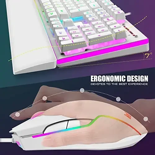 RedThunder K10 Wired Gaming Keyboard and Mouse and Wrist Rest Combo, RGB Backlit, Mechanical Feel Anti-ghosting Keyboard + 7D 7200 DPI Mice+Soft Leather Wrist Rest 3 in 1 PC Gamer Accessories(White) - 5