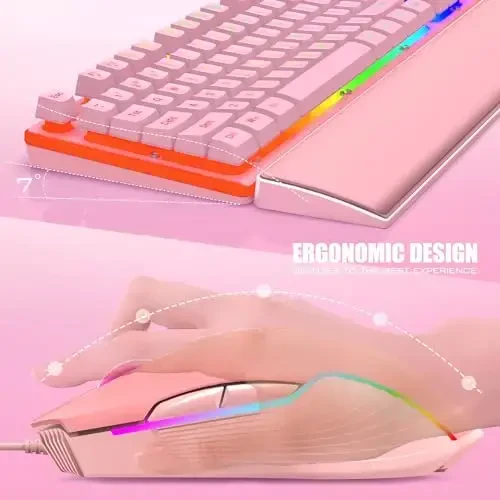 RedThunder K10 Проводная игровая клавиатура и мышь с подставкой для запястий, RGB-подсветка, механическая клавиатура с защитой от фиктивных нажатий + мышь 7D 7200 DPI + мягкая кожаная подставка для запястий, 3 в 1, аксессуары для ПК-геймеров (розовый) - 5