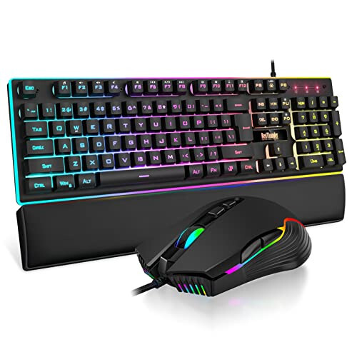 RedThunder K10 Simli O'yin Klaviaturasi, Sichqoncha va Bilak Tayanch Kombosi, RGB Orqa Fon Yoritishli, Mexanik Hisli Anti-ghosting Klaviatura + 7D 7200 DPI Sichqoncha + Yumshoq Teri Bilak Tayanch 3 ta 1 da PC O'yinchi Aksessuarlari (Qora) - RedThunder