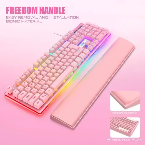 RedThunder K10 simli oʻyin klaviaturasi va sichqoncha va bilak suyanch kombinatsiyasi, RGB yoritilgan, mexanik hisli anti-ghosting klaviatura + 7D 7200 DPI sichqoncha + yumshoq charm bilak suyanchi 3 in 1 PC Gamer aksessuarlari (pushti) - 4