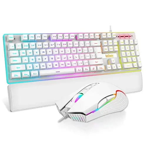 RedThunder K10 simli oʻyin klaviaturasi va sichqoncha va bilak suyanchi kombinatsiyasi, RGB yoritgichi, mexanik tuygʻuli anti-ghosting klaviatura + 7D 7200 DPI sichqoncha + yumshoq teri bilak suyanchi 3 in 1 PC oʻyinchi aksessuarlari (oq) 