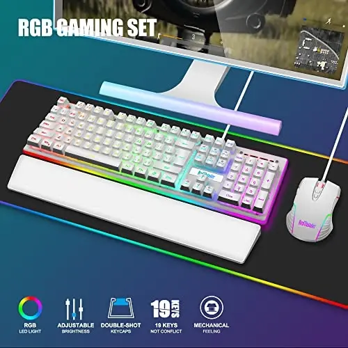 RedThunder K10 simli oʻyin klaviaturasi va sichqoncha va bilak suyanchi kombinatsiyasi, RGB yoritgichi, mexanik tuygʻuli anti-ghosting klaviatura + 7D 7200 DPI sichqoncha + yumshoq teri bilak suyanchi 3 in 1 PC oʻyinchi aksessuarlari (oq) - REDTHUNDER (1)