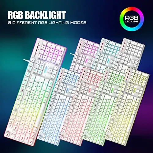 RedThunder K10 simli oʻyin klaviaturasi va sichqoncha va bilak suyanchi kombinatsiyasi, RGB yoritgichi, mexanik tuygʻuli anti-ghosting klaviatura + 7D 7200 DPI sichqoncha + yumshoq teri bilak suyanchi 3 in 1 PC oʻyinchi aksessuarlari (oq) - 3