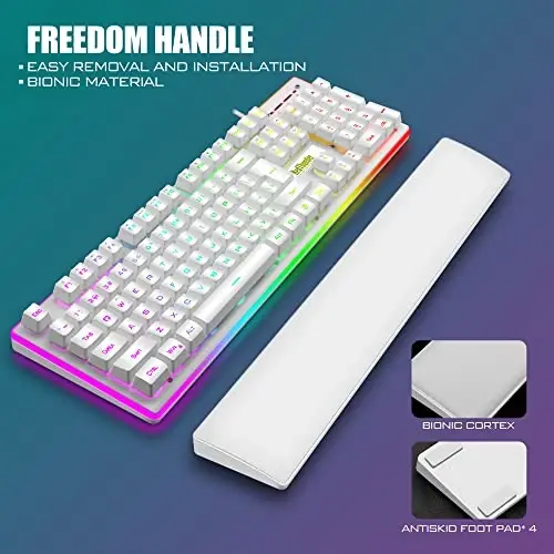RedThunder K10 simli oʻyin klaviaturasi va sichqoncha va bilak suyanchi kombinatsiyasi, RGB yoritgichi, mexanik tuygʻuli anti-ghosting klaviatura + 7D 7200 DPI sichqoncha + yumshoq teri bilak suyanchi 3 in 1 PC oʻyinchi aksessuarlari (oq) - 4
