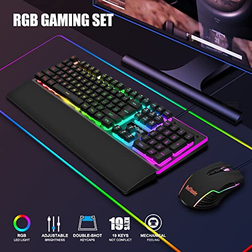 RedThunder K10 Wired Gaming Keyboard and Mouse and Wrist Rest Combo, RGB Backlit, Mechanical Feel Anti-ghosting Keyboard + 7D 7200 DPI Mice+Soft Leather Wrist Rest 3 in 1 PC Gamer Accessories(Black) - 2