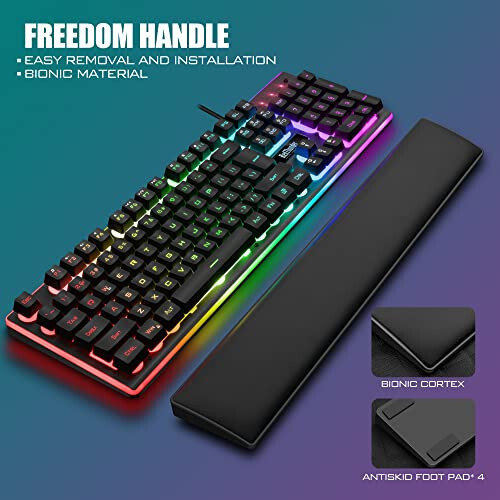 RedThunder K10 Wired Gaming Keyboard and Mouse and Wrist Rest Combo, RGB Backlit, Mechanical Feel Anti-ghosting Keyboard + 7D 7200 DPI Mice+Soft Leather Wrist Rest 3 in 1 PC Gamer Accessories(Black) - 4