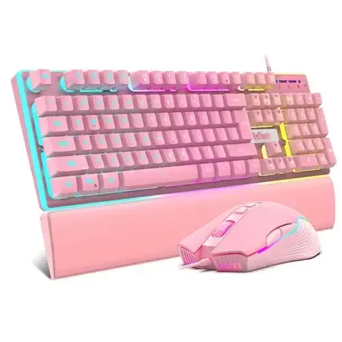 RedThunder K10 Wired Gaming Keyboard and Mouse and Wrist Rest Combo, RGB Backlit, Mechanical Feel Anti-ghosting Keyboard + 7D 7200 DPI Mice+Soft Leather Wrist Rest 3 in 1 PC Gamer Accessories(Pink) - REDTHUNDER