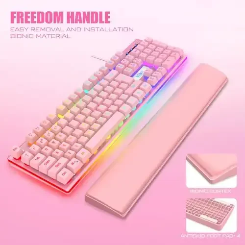RedThunder K10 Wired Gaming Keyboard and Mouse and Wrist Rest Combo, RGB Backlit, Mechanical Feel Anti-ghosting Keyboard + 7D 7200 DPI Mice+Soft Leather Wrist Rest 3 in 1 PC Gamer Accessories(Pink) - 4