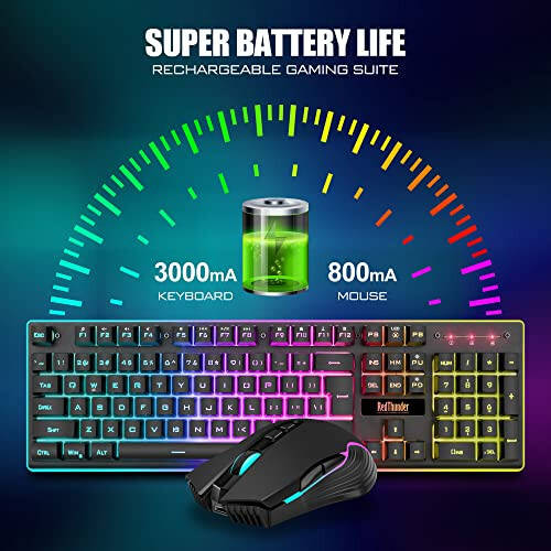 RedThunder K10 Wireless Gaming Keyboard and Mouse Combo, LED Backlit Rechargeable 3800mAh Battery, Mechanical Feel Anti-ghosting Keyboard + 7D 3200DPI Mice for PC Gamer (Black) - 3