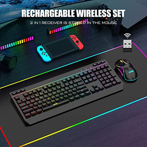 RedThunder K20 Wireless Keyboard and Mouse Combo, Full Size Anti-Ghosting Keyboard with Multimedia Keys + 7D 4800DPI Optical Mice, Rechargeable RGB Gaming/Office Set for PC Laptop Mac Xbox (Black) - 2